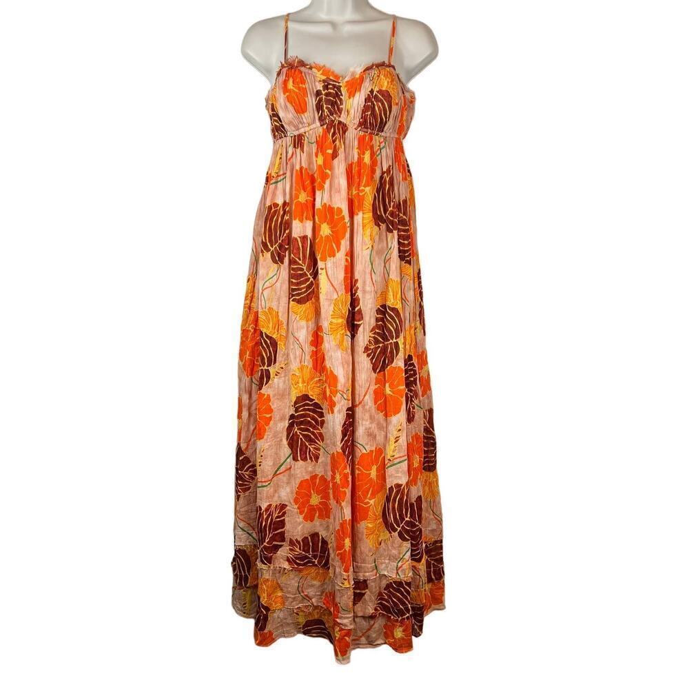 UO Athena Gauze Maxi Dress Floral Print in Orange, Yellow, Brown Women's Medium